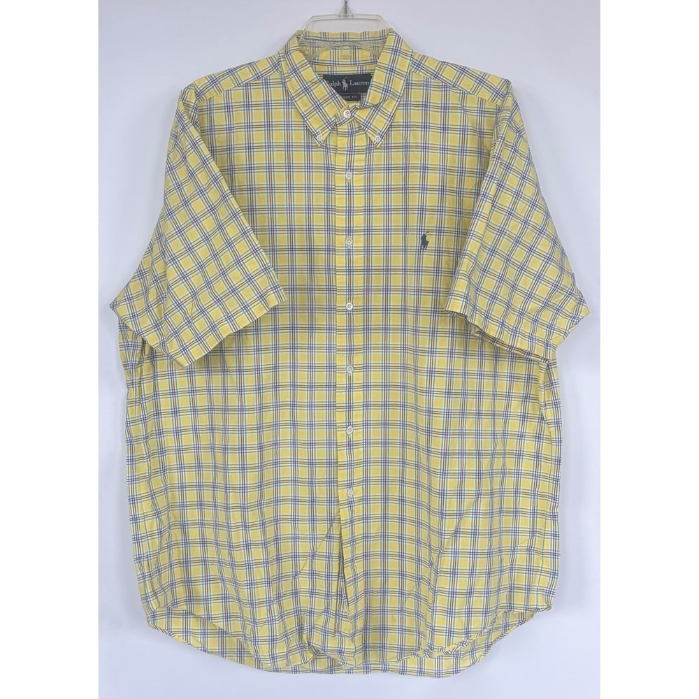 Ralph Lauren Men XL Yellow Blue Plaid Classic Fit Short Sleeve Button Down Shirt